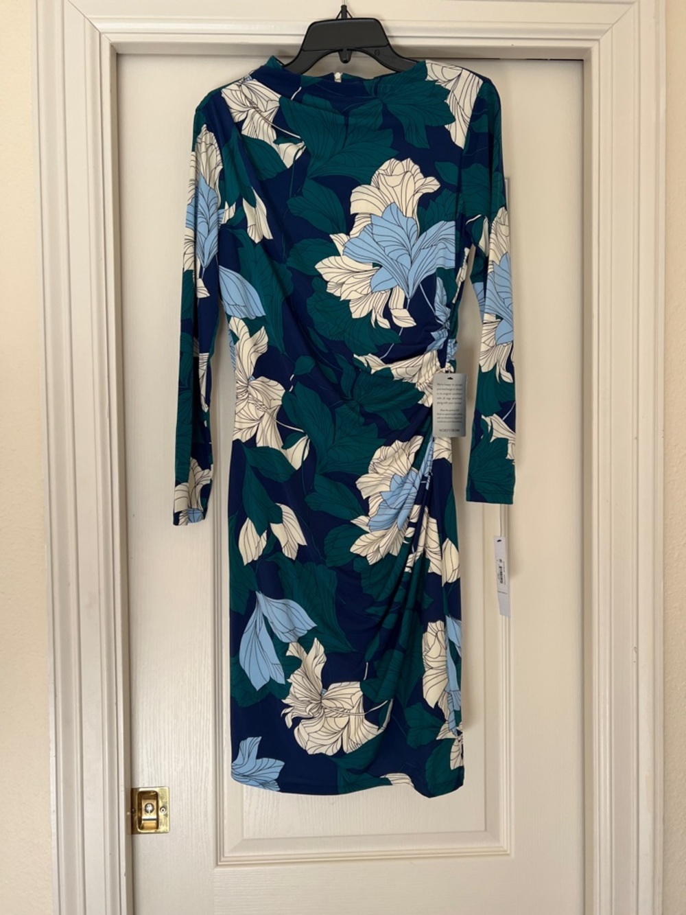 NWT Maggy London Floral Print Long-Sleeve  Dress in Teal & Navy